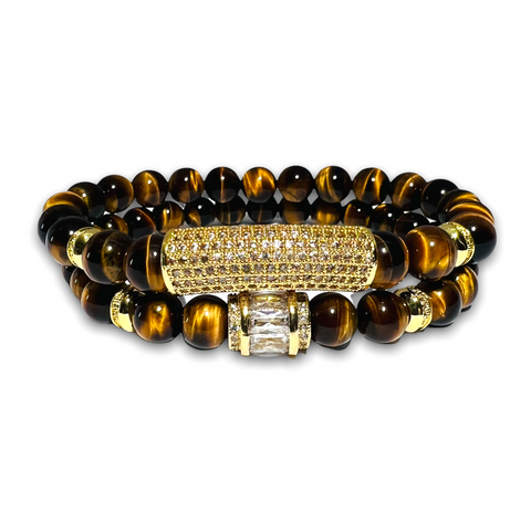 Polished Tigers Eye Stone Set of two Bracelets, Gold Design with Clear Zirconia