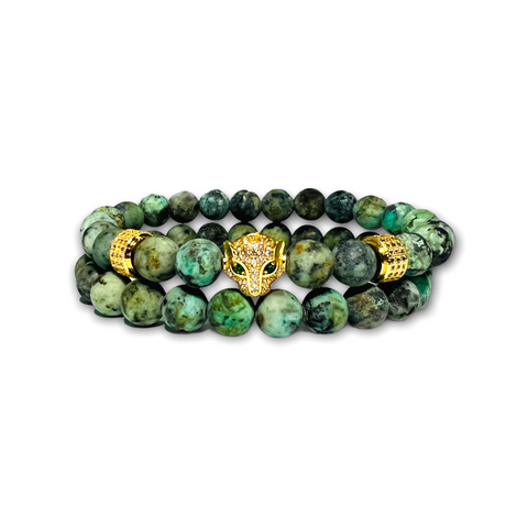 African Turquoise Stone Set of Two Bracelets, Gold Leopard/Plain with Clear Zirconia