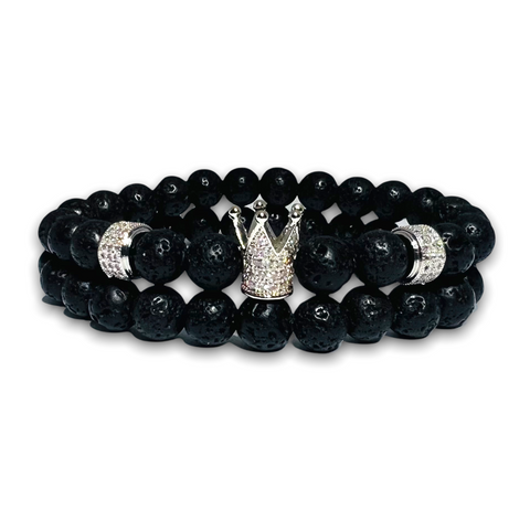 Volcanic Lava Stone Set of Two Bracelets, Silver Crown with Clear Zirconia / Plain