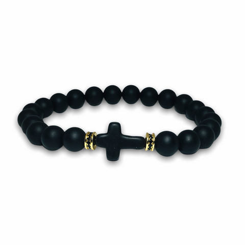 Black Matte Onyx Stone Bracelet with Gold Design, Black Cross