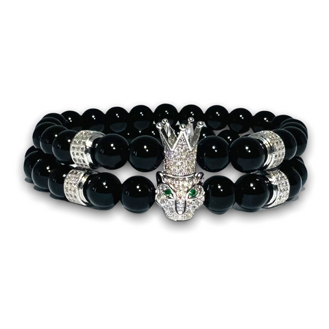 Black Polished Onyx Stone Set of Two Bracelets, Silver Crown / Leopard with Clear Zirconia