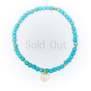 Turquoise Matte with Gold Bracelet, Gold Heart Charm with Clear Zirconia