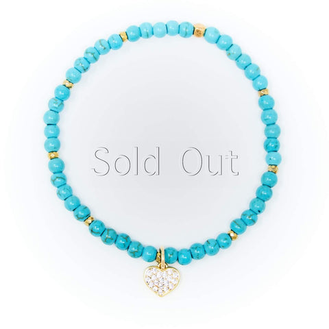 Turquoise Matte with Gold Bracelet, Gold Heart Charm with Clear Zirconia