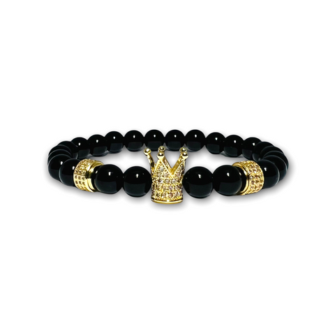 Black Polished Onyx Stone Bracelet with Gold Crown with Clear Zirconia