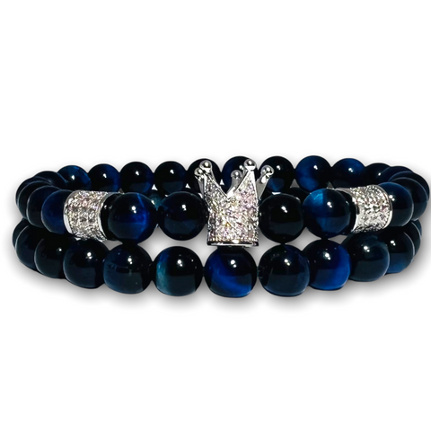 Blue Tiger Eye Stone Set of Two Bracelets, Silver Crown Plain with Clear Zirconia