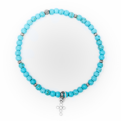 Turquoise Matte with Silver Bracelet, Silver Cross Charm with Clear Zirconia