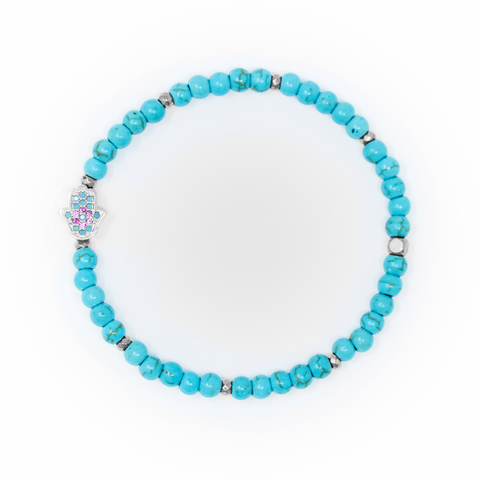 Turquoise Matte with Silver Bracelet, Silver Hamsa Charm with Blue and Pink Zirconia