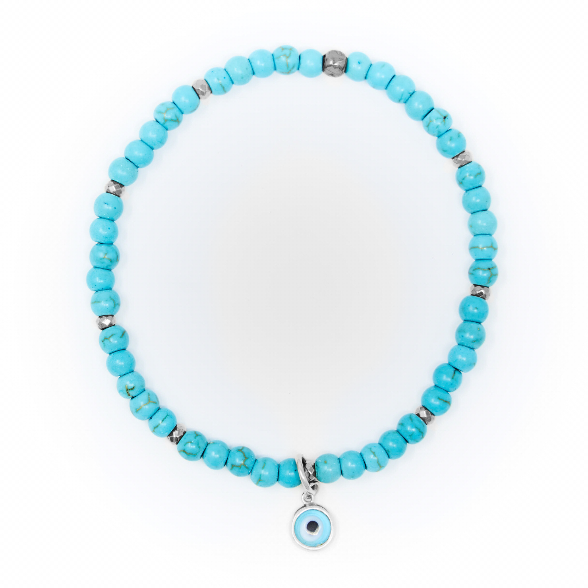 Turquoise Matte with Silver Bracelet, Silver Blue Evil Eye Charm