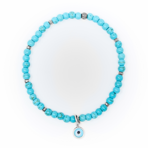 Turquoise Matte with Silver Bracelet, Silver Blue Evil Eye Charm