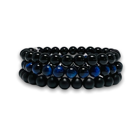 Polished Onyx, Blue Tiger Eye, Matte Onyx Stone Stack of Three Bracelets