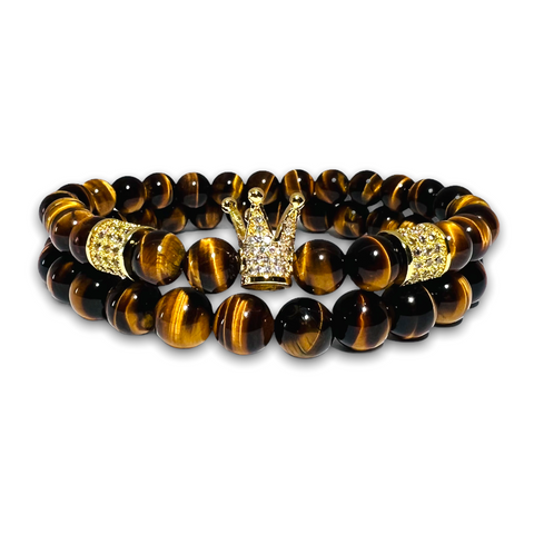 Polished Tigers Eye Stone Set of two Bracelets, Gold Crown with Clear Zirconia / Plain