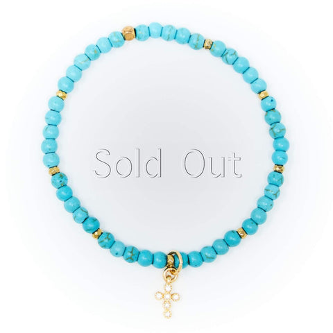 Turquoise Matte with Gold Bracelet, Gold Cross Charm with Clear Zirconia