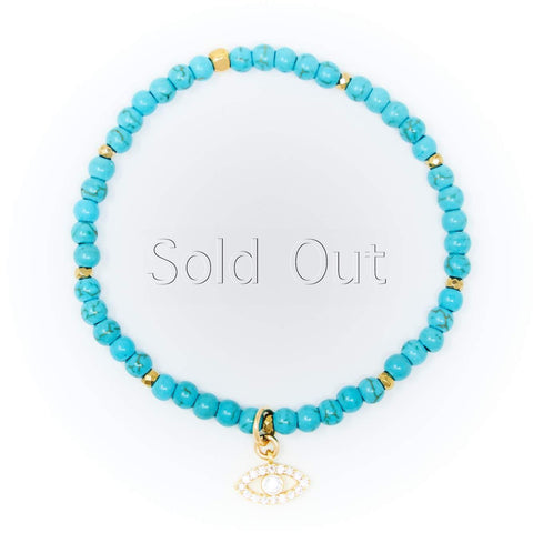 Turquoise Matte with Gold Bracelet, Gold Evil Eye Charm with Clear Zirconia