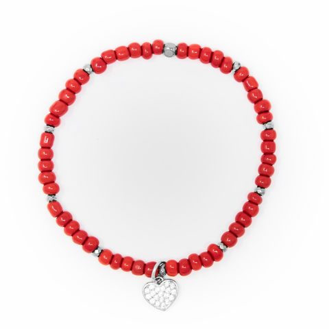 Red Sand Beads with Silver Bracelet, Silver Heart Charm with Clear Zirconia