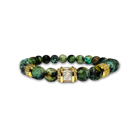 African Turquoise Stone Bracelet with Gold Design and Clear Zirconia
