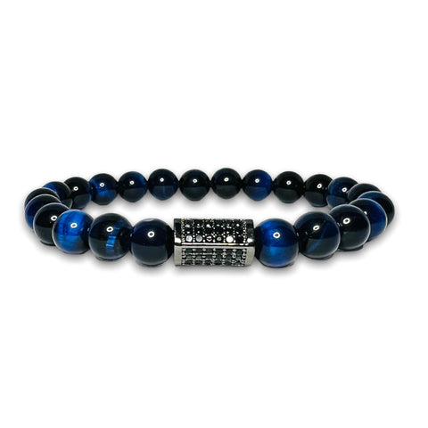 Blue Tiger Eye Stone Bracelet with Gunmetal Design and Black Zirconia