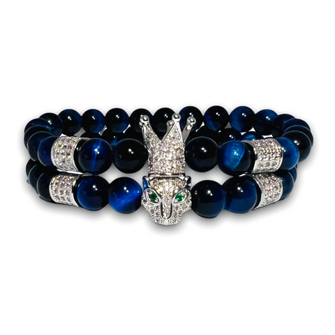 Blue Tiger Eye Stone Set of Two Bracelets, Silver Crown, Leopard with Clear Zirconia