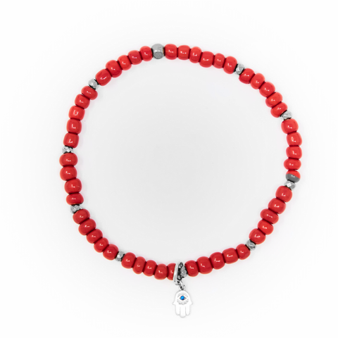 Red Sand Beads with Silver Bracelet, Silver Mini Hamsa Charm with Blue Evil Eye