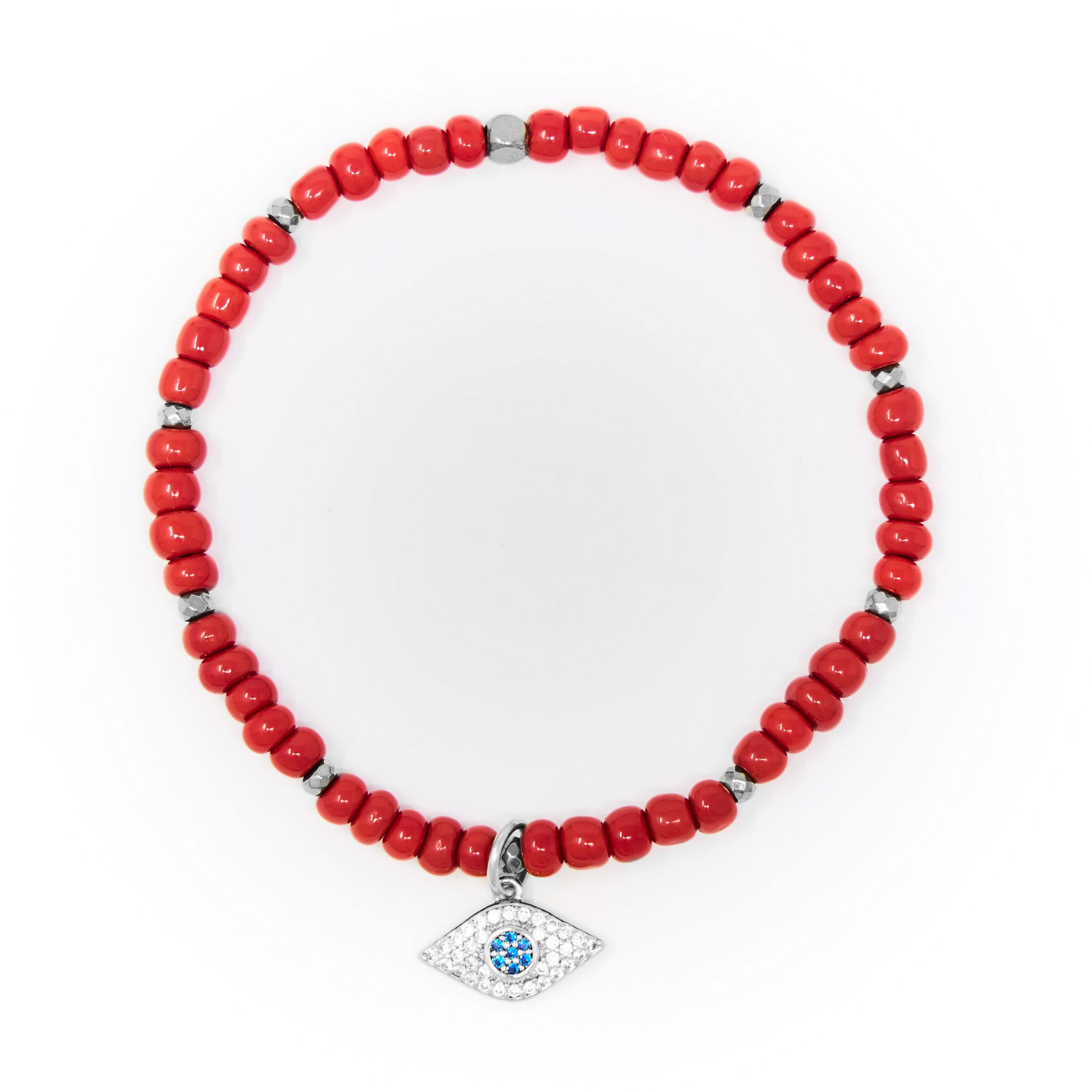 Red Sand Beads with Silver Bracelet, Silver Evil Eye Charm with Clear and Blue Zirconia