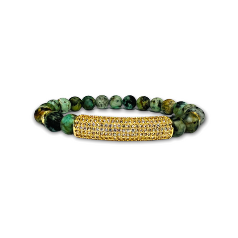 African Turquoise Stone Bracelet with Gold Design, Clear Zirconia