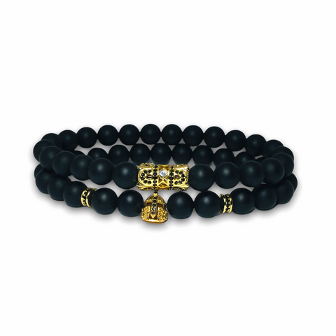 Black Matte Onyx Stone Set of Two Bracelets, Gold Design/Warrior with Clear Zirconia