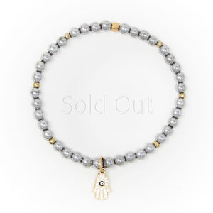 Hematite Polished with Gold Bracelet, Gold Hamsa with Evil Eye Charm and Clear Zirconia