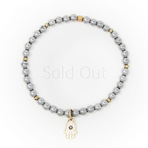Hematite Polished with Gold Bracelet, Gold Hamsa with Evil Eye Charm and Clear Zirconia