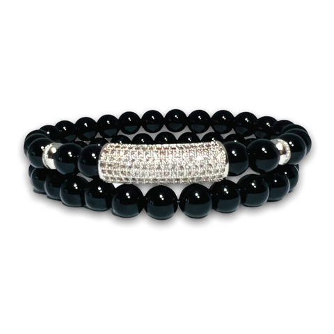 Black Polished Onyx Stone Set of Two Bracelets, Silver Design with Clear Zirconia / Plain