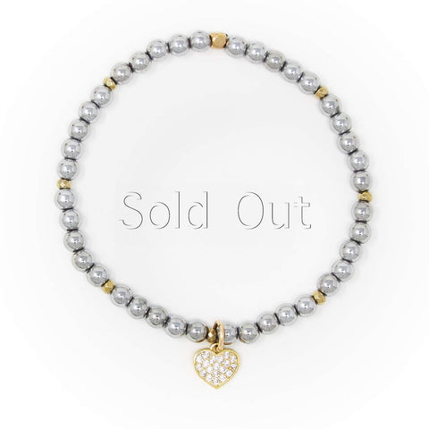 Hematite Polished with Gold Bracelet, Gold Heart Charm with Clear Zirconia