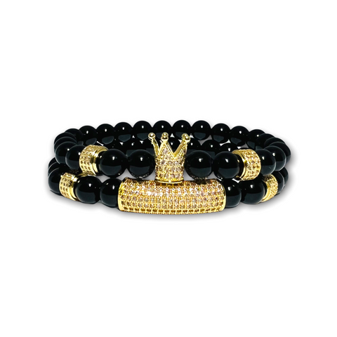Black Polished Onyx Stone Set of Two Bracelets with Gold Design,Crown Clear Zirconia