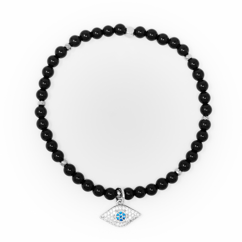 Onyx Polished with Silver Bracelet, Silver Evil Eye Charm with Clear and Blue Zirconia