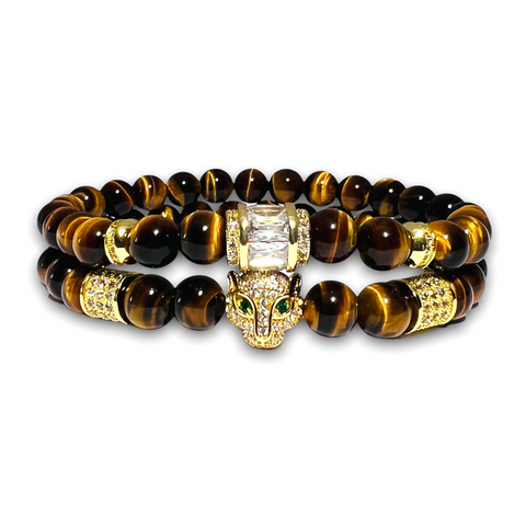 Polished Tigers Eye Stone Set of two Bracelets, Gold Design with Clear Zirconia / Leopard