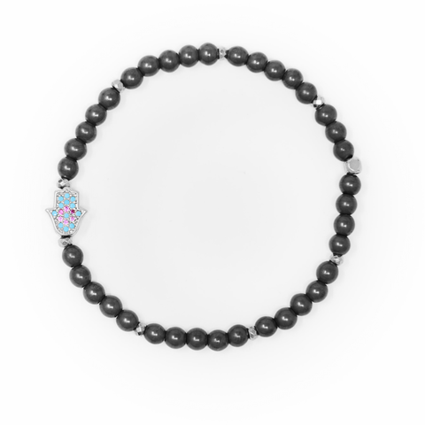 Hematite Matte with Silver Bracelet, Silver Hamsa Charm with Blue and Pink Zirconia