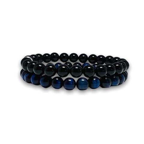 Polished Onyx / Blue Tiger Eye Stone Set of Two Plain Bracelets