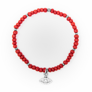 Red Sand Beads with Silver Bracelet, Silver Evil Eye Charm with Clear Zirconia