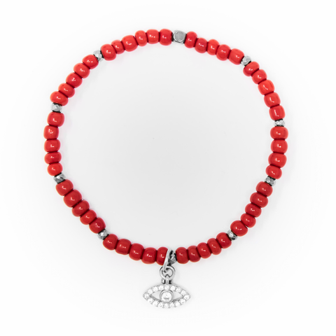 Red Sand Beads with Silver Bracelet, Silver Evil Eye Charm with Clear Zirconia