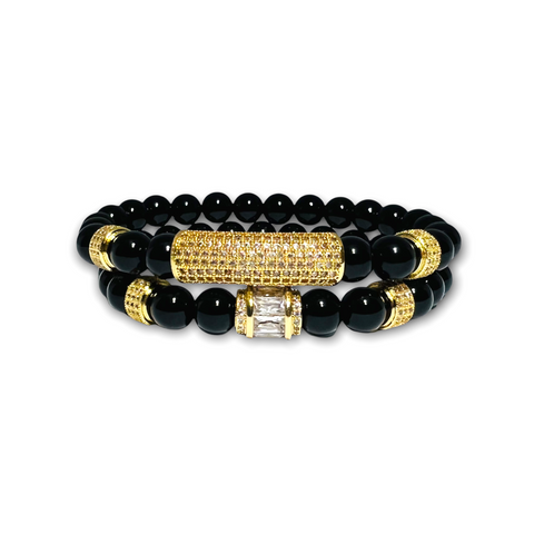 Black Polished Onyx Stone Set of Two Bracelets with Gold Design with Clear Zirconia