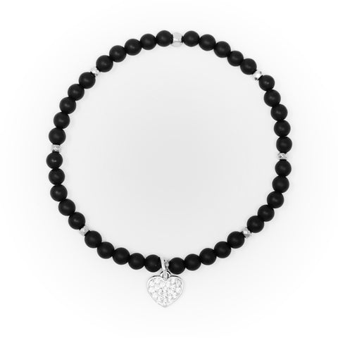 Onyx Matte with Silver Bracelet, Silver Heart Charm with Clear Zirconia