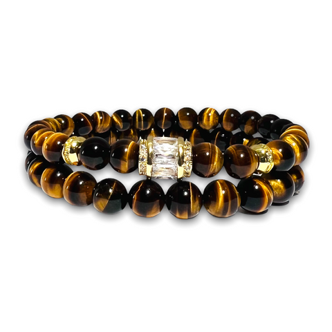 Polished Tigers Eye Stone Set of two Bracelets, Gold Design with Clear Zirconia / Plain