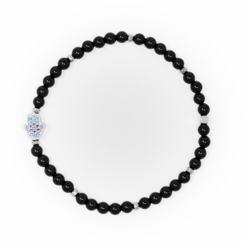 Onyx Polished with Silver Bracelet, Silver Hamsa Charm with Blue and Pink Zirconia
