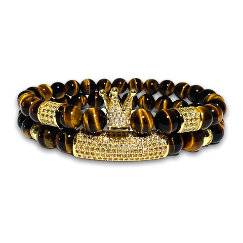 Polished Tigers Eye Stone Set of two Bracelets, Gold Crown with Clear Zirconia / Design