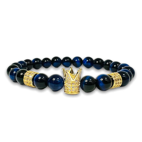 Blue Tiger Eye Stone Bracelet with Gold Crown and Clear Zirconia