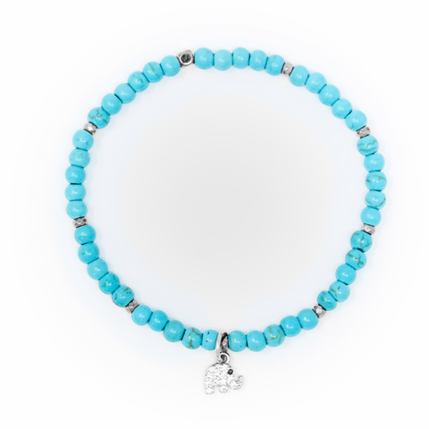 Turquoise Matte with Silver Bracelet, Silver Elephant Charm with Clear Zirconia