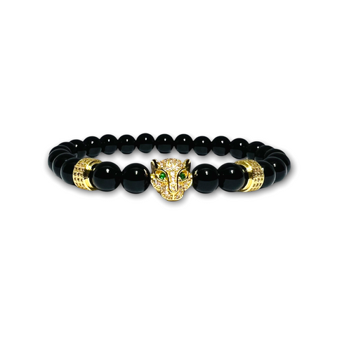 Black Polished Onyx Stone Bracelet with Gold Leopard and Clear Zirconia