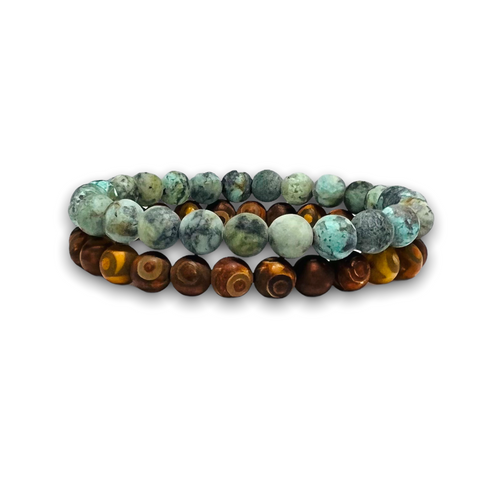 African Turquoise / Tibetan Stone Set of Two Plain Bracelets