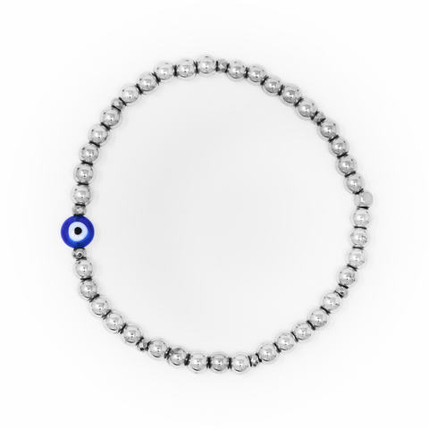 Hematite Polished with Silver Bracelet, Silver Blue Evil Eye Charm