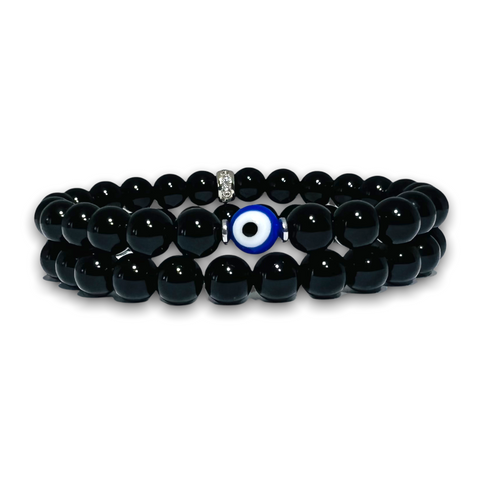 Black Polished Onyx Stone Set of Two Bracelets, Evil eye / Plain