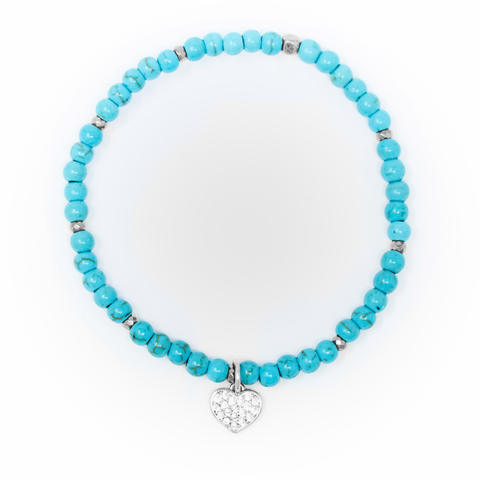 Turquoise Matte with Silver Bracelet, Silver Heart Charm with Clear Zirconia