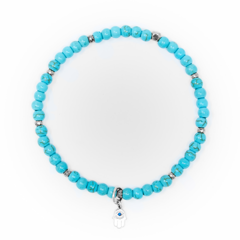 Turquoise Matte with Silver Bracelet, Silver Mini Hamsa Charm with Evil Eye