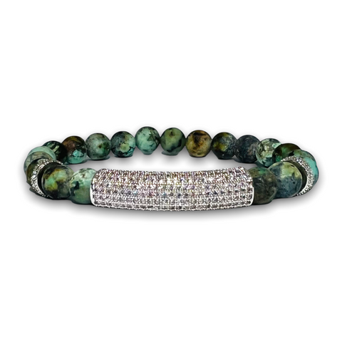 African Turquoise Stone Bracelet, Silver Design with Clear Zirconia